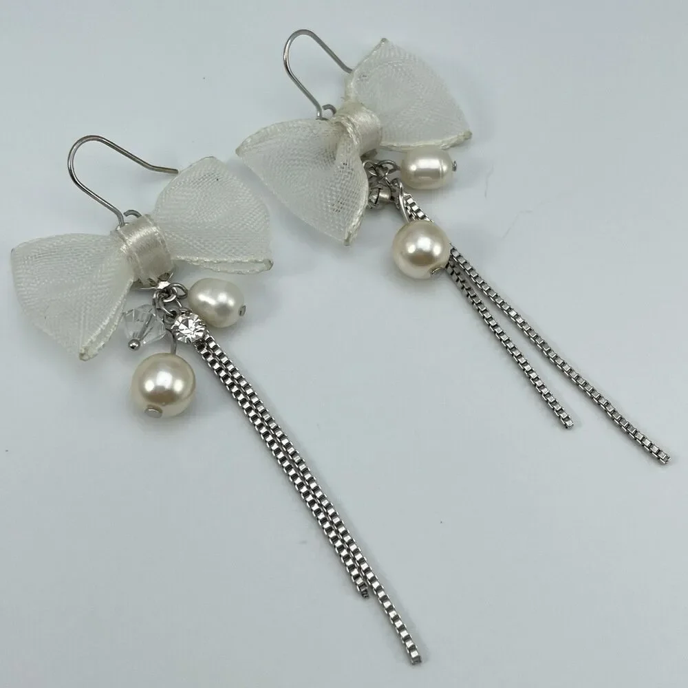 Cute Silver Tone Glass Pearl Beaded Bow Tie Chain Dangle Earrings Preppy Bridal